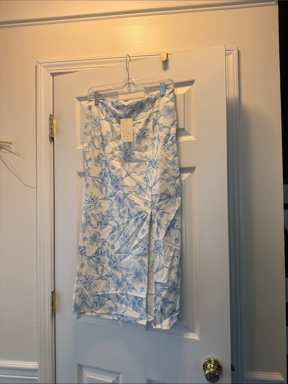 A New Day Blue and White Floral Midi Skirt with Front Slit